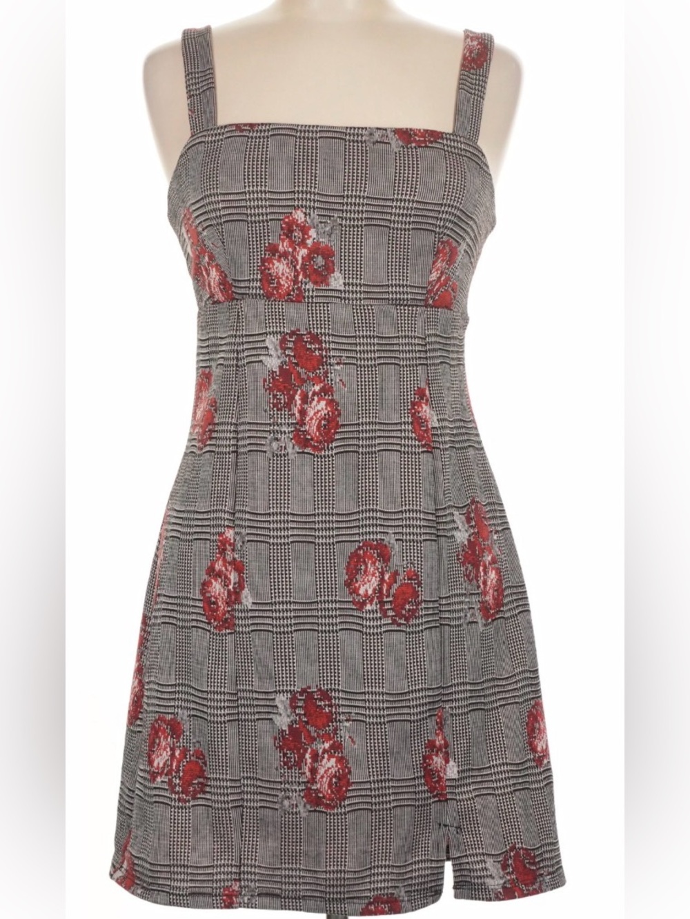 Francesca’s Houndstooth Floral Mini Dress with Rose Floral Empire Waist Large